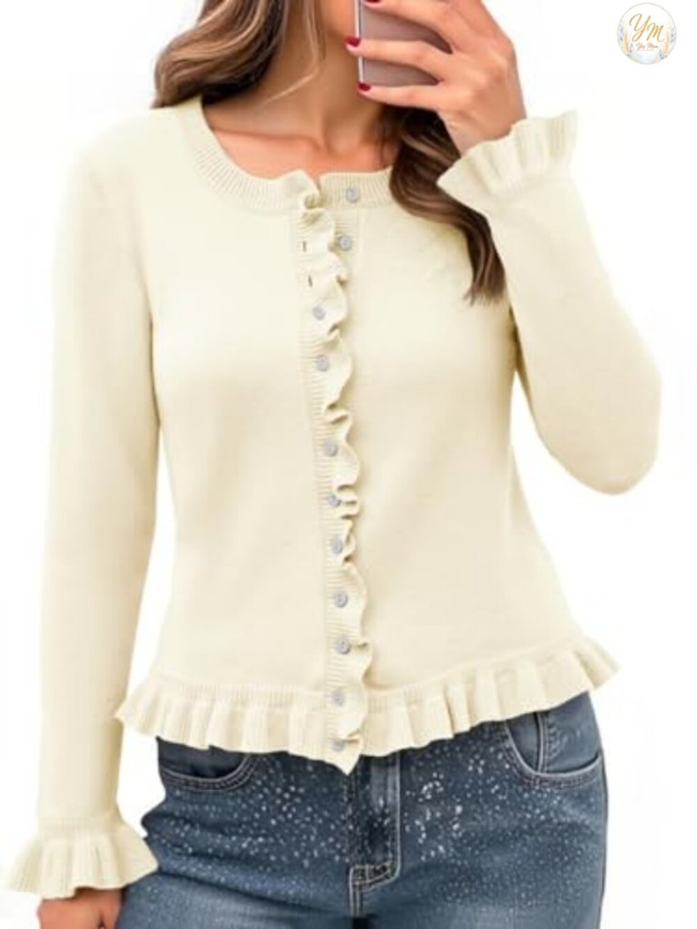 Ruffle Cardigan Long Sleeve Cropped Button Down Knit Sweater